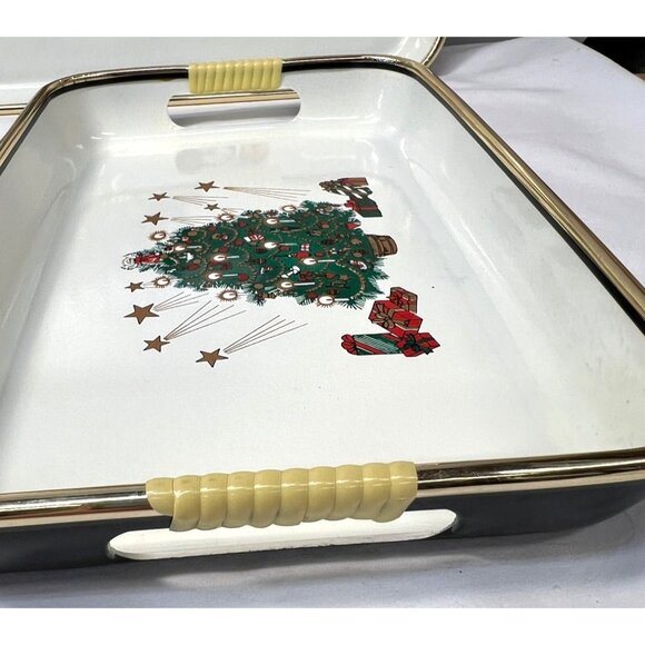 Vintage Christmas Tree Serving Tray Lacquerware Set Of 3 Trays With Gold Rim & H - Picture 7 of 7